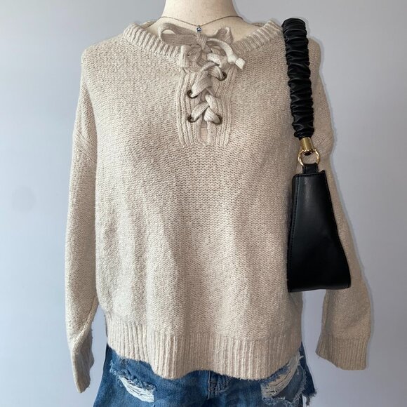 American Eagle Soft Beige Crew Neck Sweater With Lace Tie Front Design Size XL - Picture 1 of 7